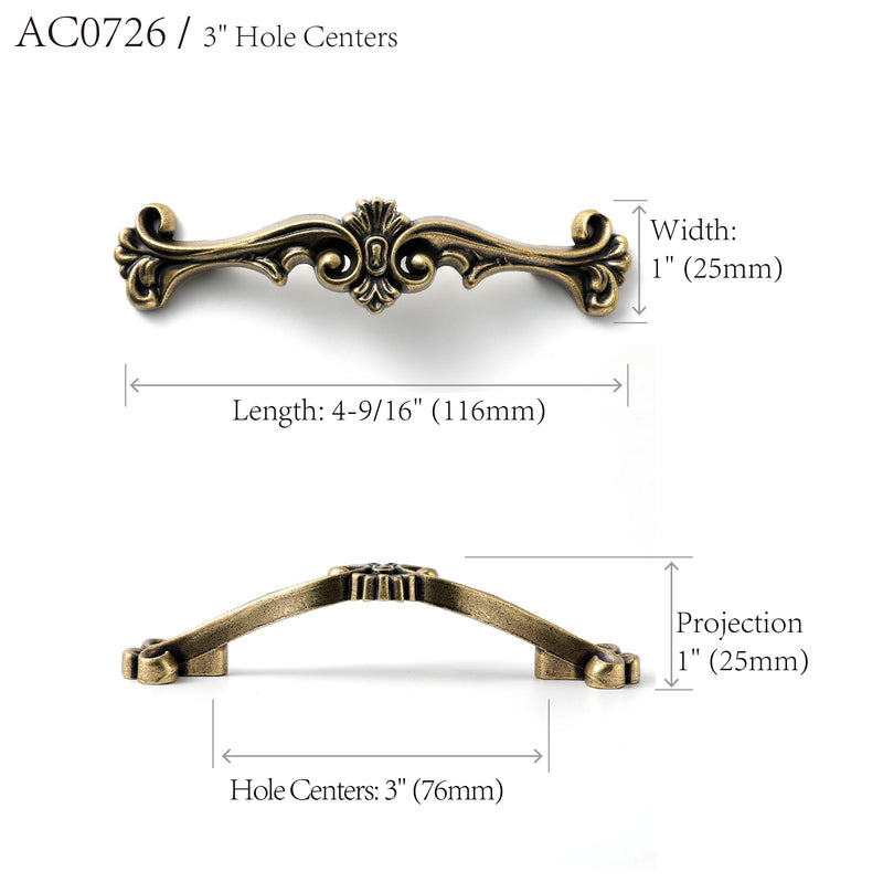 JETLAND Traditional Antique Cabinet Hardware - 6 Pack, Aged Silver, 3" Hole Centers, Vintage Pulls for Drawer Dresser Nightstand, AC0726OS076 3 Inch Hole Centers 0726