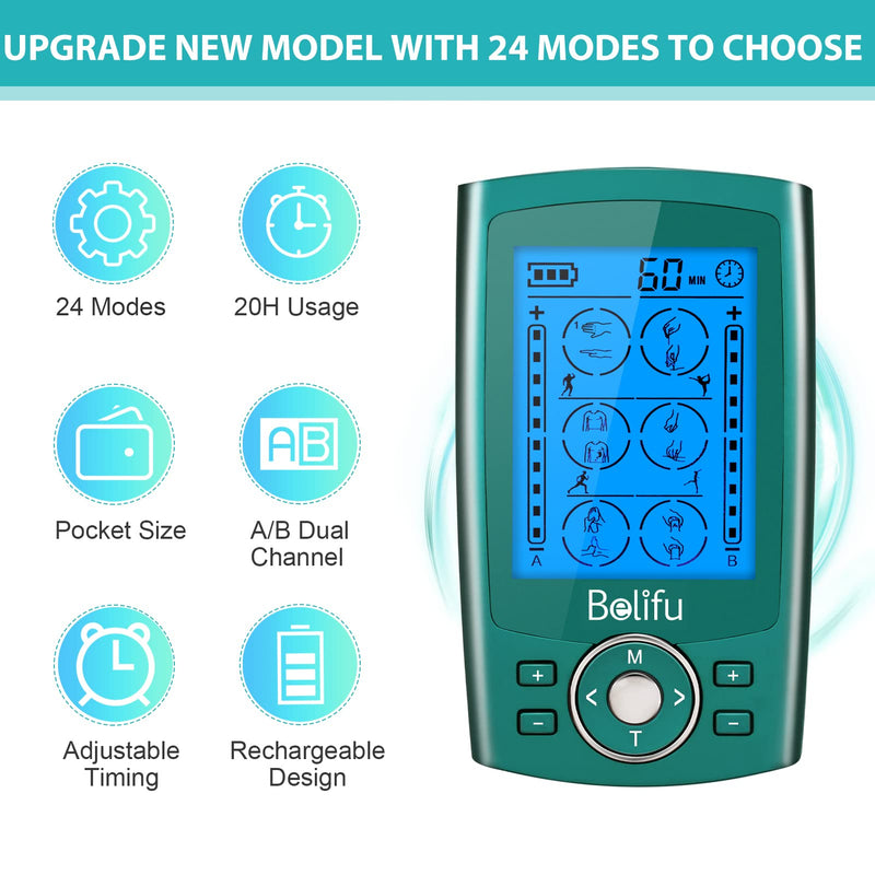 Belifu Dual Channel TENS EMS Unit with 12 Pads, 24 Modes Muscle Stimulator, Electronic Pulse Massager Muscle Massager for Pain Relief Therapy, Fastening Cable Ties, Dust-Proof Drawstring Storage Bag Green