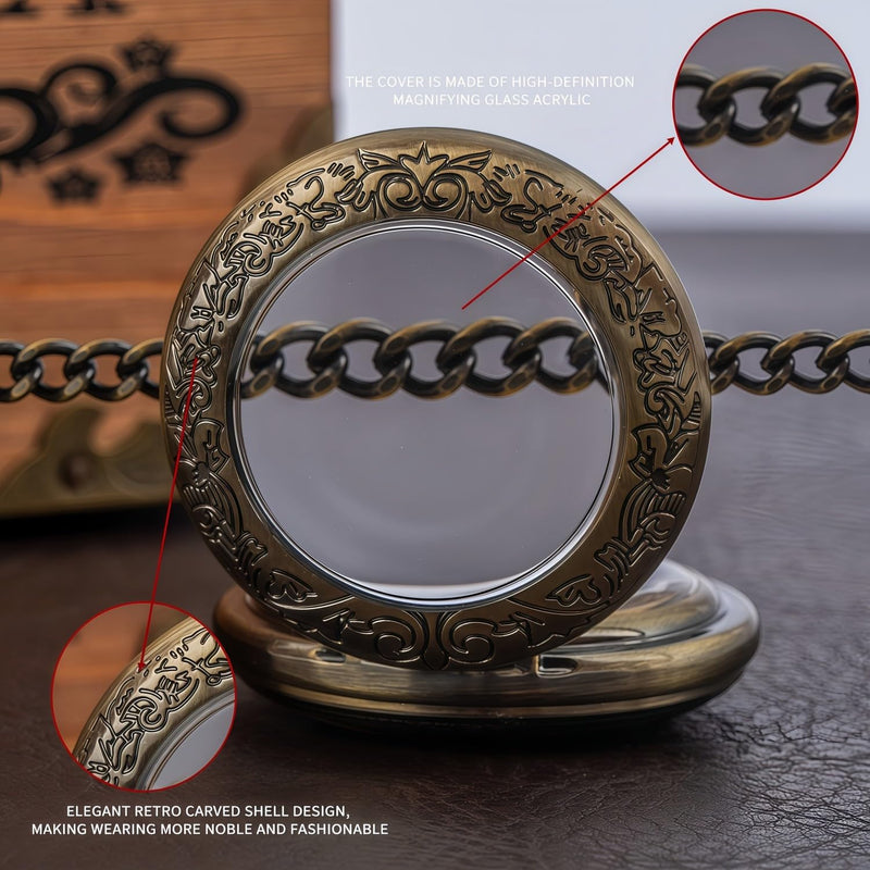 Mechanical Pocket Watch, for Men Women Special Magnifier Half Hunter Engraved Case Roman Numerals with Chain B-a. Compass, Bronze, Gold