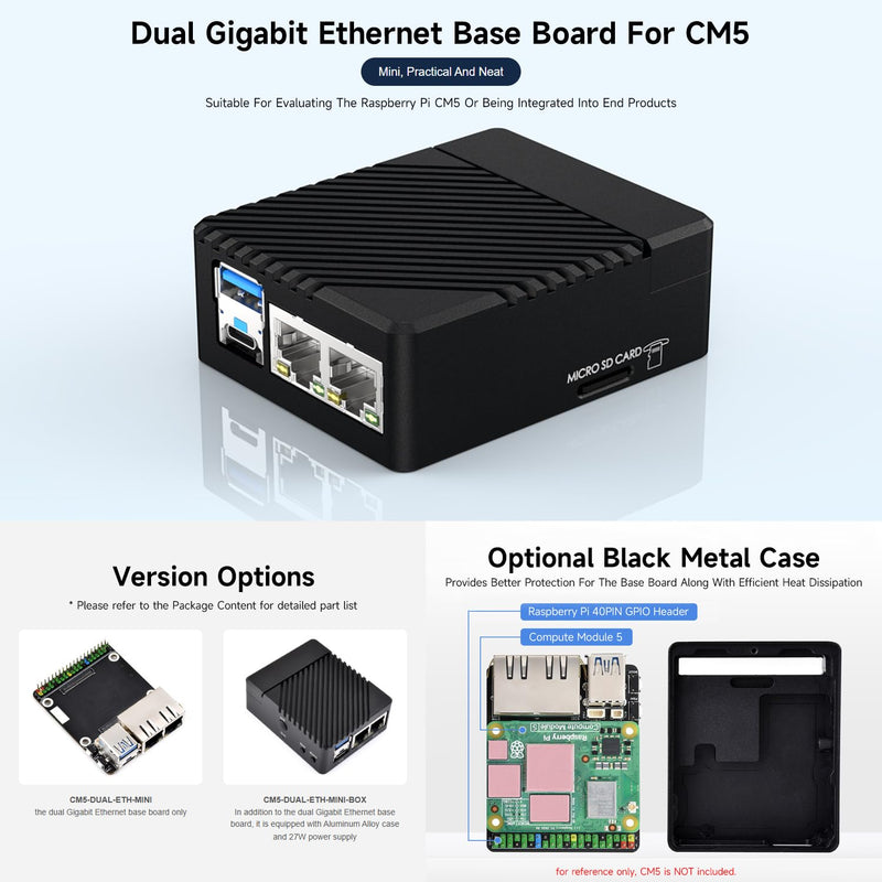 Waveshare Mini Dual Gigabit Ethernet Base Board, Mini-Computer Kit, Compatible with Raspberry Pi Compute Module 5 (NOT Included), for All Variants of CM5, Board Only