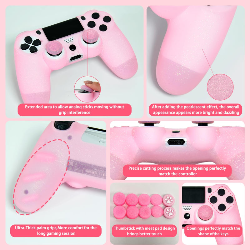 Pink Glitter Anti-Slip Protective Silicone Cover Skin Grips Compatible with PS4/Slim/Pro Controller,8 PCS Glitter Thumb Grips Caps and 2 Grips Caps. (Glitter Pink) Glitter Pink