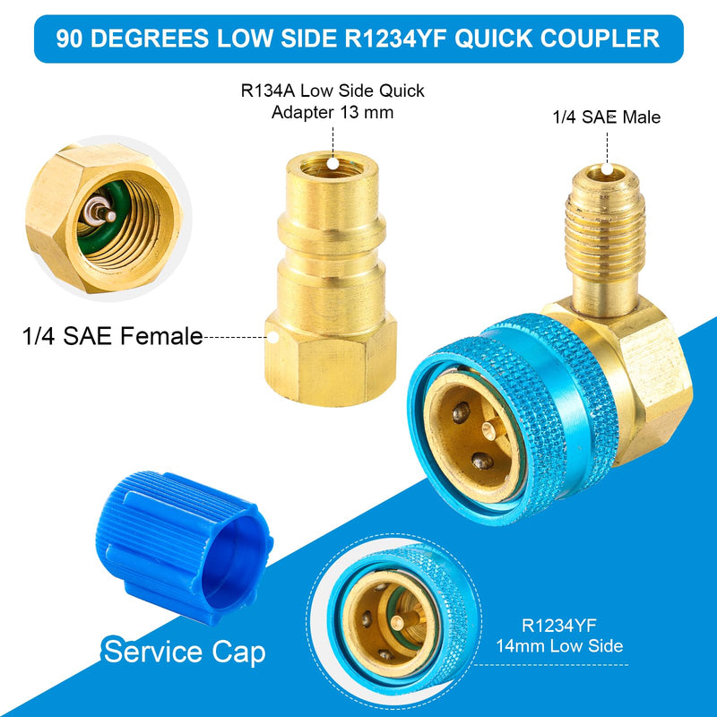 R1234yf Quick Couplers Kit, R1234YF to R134A Quick Coupler Adapter, High/Low Side Quick Coupler R1234YF AC Charging Hose Adapter Fitting Connector for Car Conditioner AC Charging (90° Adapter)