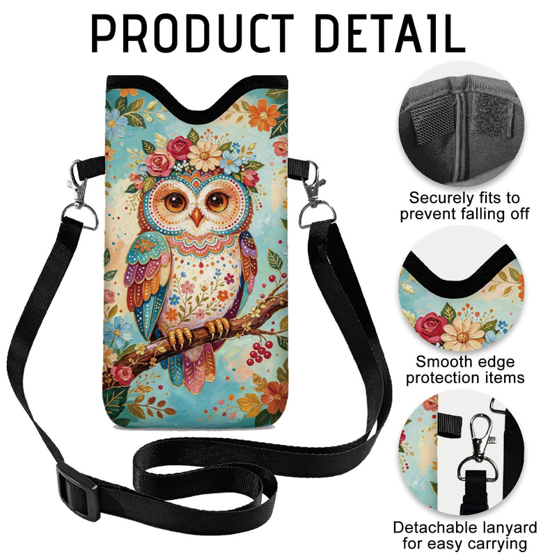 GLOBLELAND Owl Cell Phone Sleeve Pouch Case Bag 7.1×3.9 inch Flowers Leaves Shockproof Universal Phone Bag with Crossbody Strap Neck Lanyard for Women Men Phone Headphones Watch