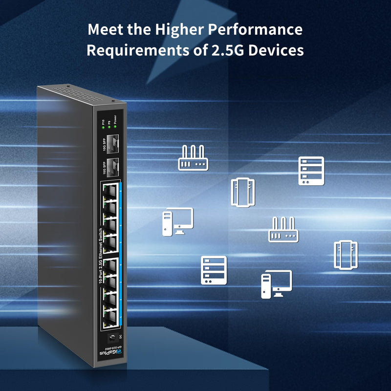 10 Port 2.5Gb Unmanaged Ethernet Switch with 8* 2.5G Base-T Ports, 2* 10G SFP+ Ports. GiGaPlus 2.5Gbps Network Switch for 2.5Gbps NAS/PC, WiFi6 Router, Wireless AP. Fanless Design, Plug and Play 10 port Unmanaged | 8X2.5G+2X10G SFP