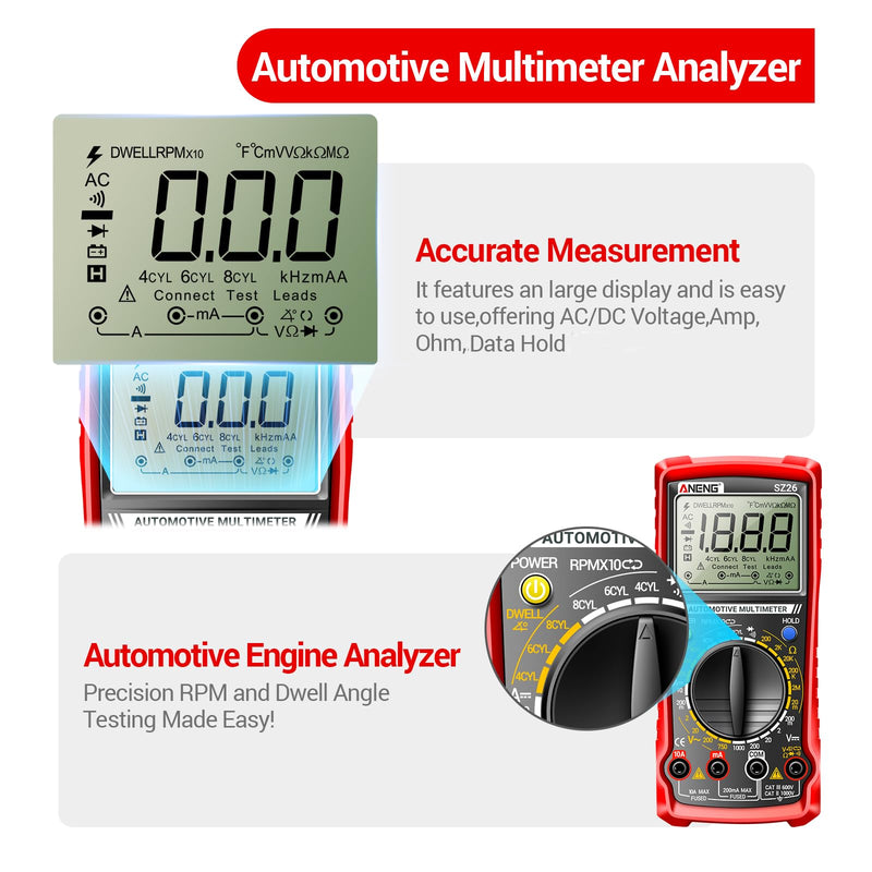 ANENG SZ26 Multimeter,Digital Automotive Engine Analyzer with 500-10000RPM Tach,Dwell Angle,Duty Cycle,DC Current,AC/DC Voltage,Amp,Ohm,Large LCD,Data Hold,Versatile Tester for Car Diagnostics SZ26 Automotive Multimeter