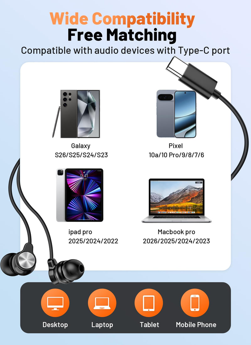 2 Pack USB C Headphones Wired Earbuds for Samsung Galaxy, iPhone 17/16/15 | Wired Earbuds USB C with Clear Mic & Noise Isolation, HiFi Stereo, Type C, Wired Headphones for Galaxy S26 Ultra S25 A16 2 Pack
