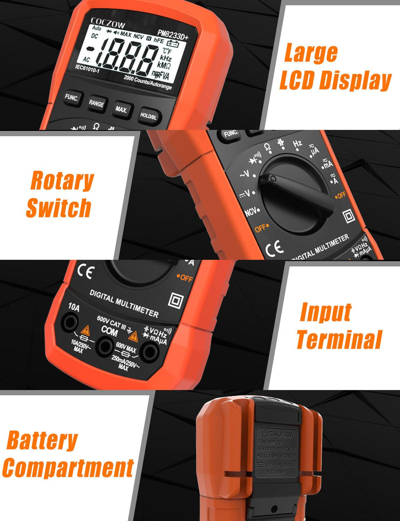 Digital Multimeter,Multimeter Tester, High Sensitivity Voltmeter Ammeter Ohmmeter NCV Circuit Checker Measures AC/DC Voltage,AC/DC Current, Resistance, Diodes, Continuity, Transistor (Black) Black