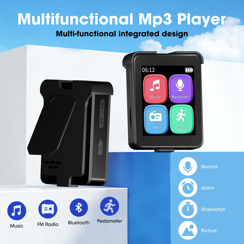 Bluetooth 5.3 Mini MP3 Player, 1.8" Touchscreen Portable Tiny Music Player with Speaker, FM Radio, Voice Recorder, Pedometer, Detachable Sports Clip with Earphones, 8GB Expandable up to 128GB, Black 8.0 GB