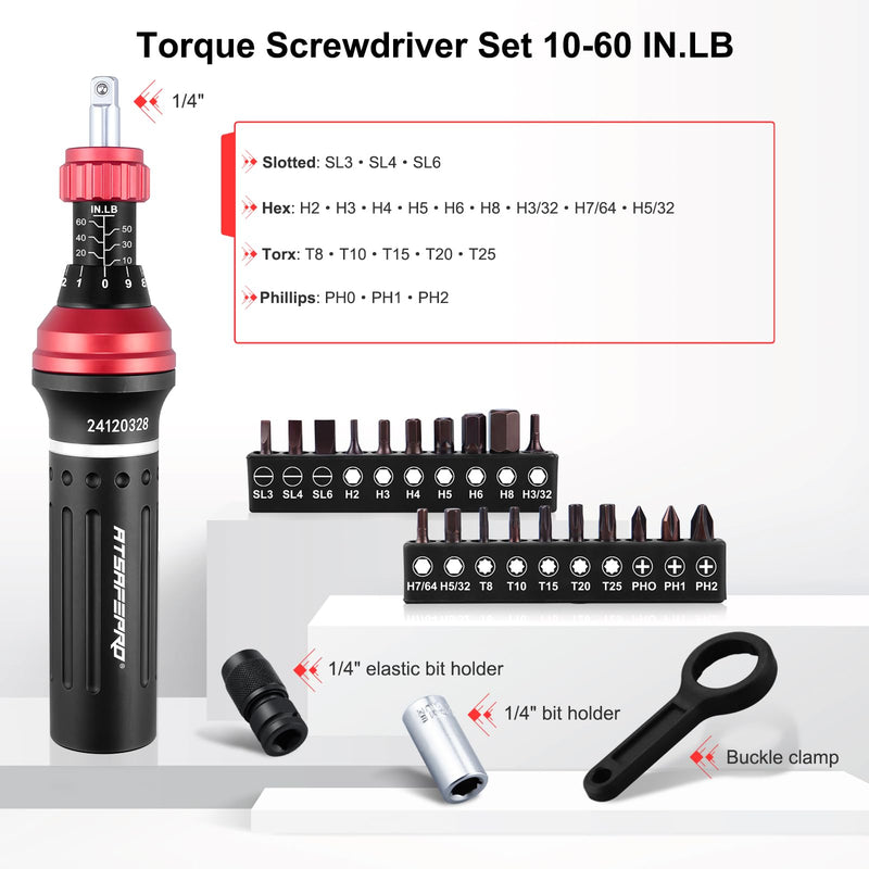 ATsafepro Torque Screwdriver 10-60 in.lb,21 Pcs Inch Pound Torque Screwdriver Set -1/4" Elastic Bit Holder and Bit Holder, Buckle Clamp, Flat, Hex, Torx, Philips, Fit for Bicycle, Tool Maintenance Mechanical - 10-60 in.lb/1.1-6.8 Nm