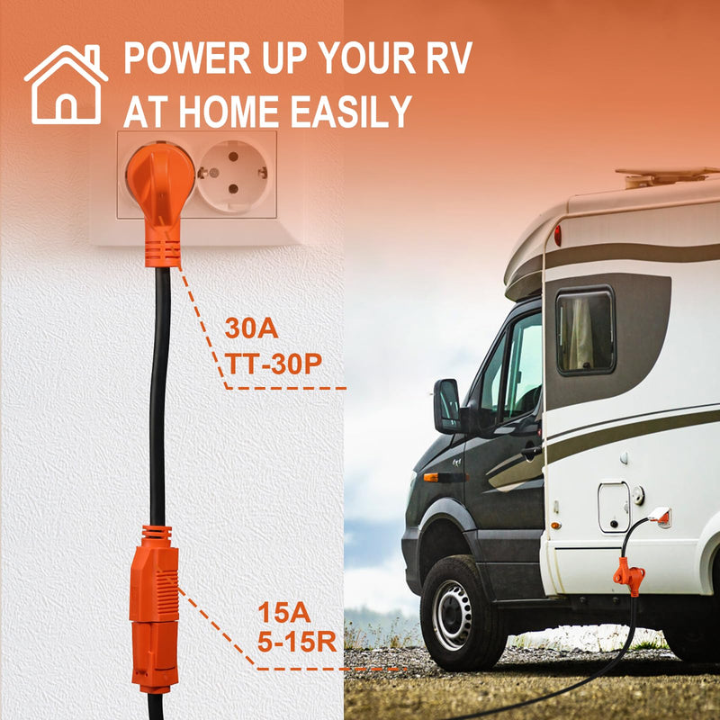 30 Amp to 15 Amp RV Adapter Cord NEMA TT-30P to NEMA 5-15R Electrical Power Adapter 30 Amp to 110 Volt RV Adapter Cord 12 Gauge Wire 12 Inch with Grip