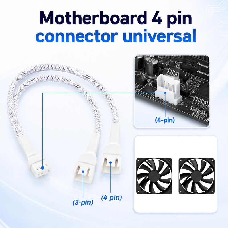 2 Pack 1 to 2 Ways 4-Pin PWM Fan Extension Splitter Cable 11 Inches PC Fan Splitter 4P Male to Female Connector for PC Chassis Channel Fans Motherboard Computer Case (White)
