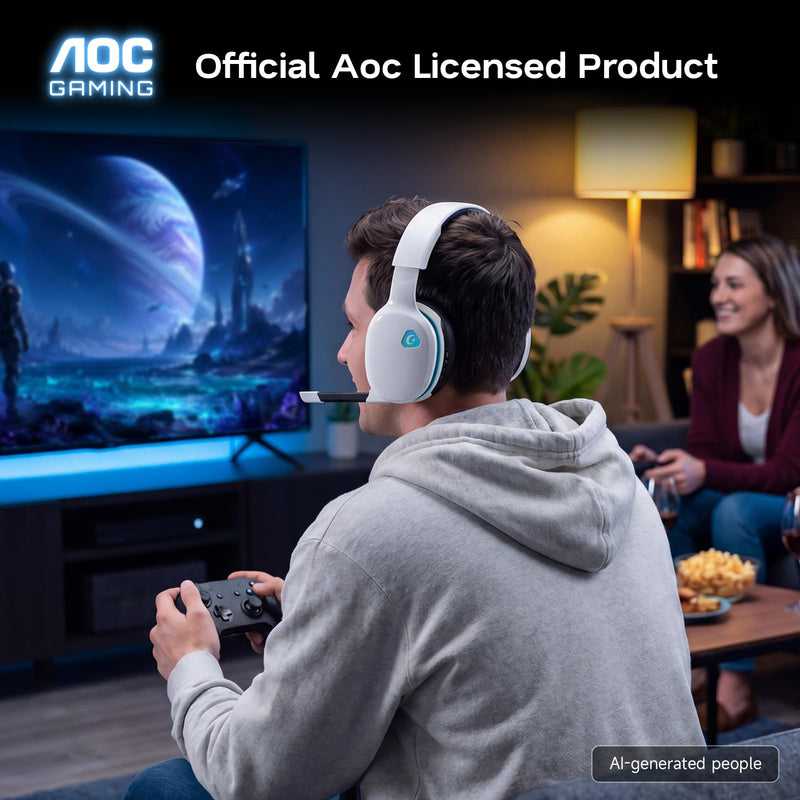 AOC 2.4GHz Wireless Gaming Headset for PS5, PS4, PC, Switch, 45Hr, White | Bluetooth 6.0 Gaming Headphones with Noise Canceling Mic, 7.1 Virtual Surround, Great for Fortnite & Call of Duty/FPS Gamers