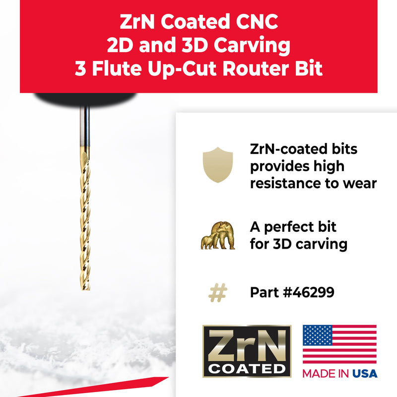 Amana Tool CNC Router Bits for 2D/3D Carving Flat Bottom, ZrN Coated, 46299, 0.10 Deg Angle x 1/8 Dia x 1-1/2 x 1/8 Shank x 3 Inch Long x 3 Flute 1/8 in