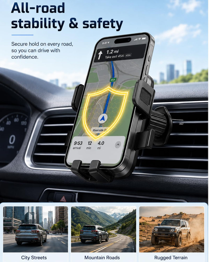 Car Vent Phone Mount, Air Vent Car Cell Phone Holder, 360° Rotating Anti-Slip Stand Compatible with Thick Case & All 4-7.2" Smartphones