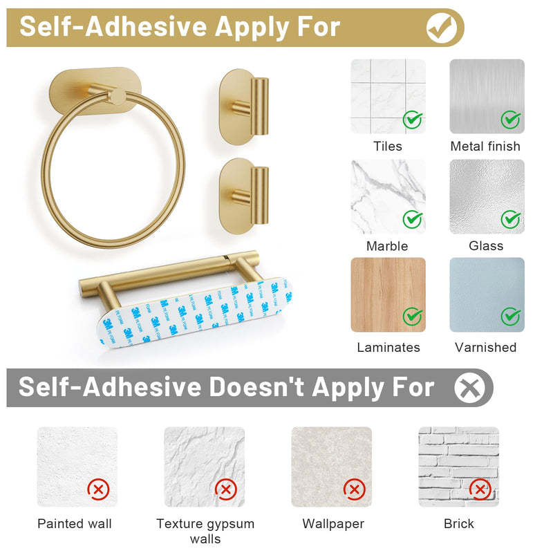 Self Adhesive Brushed Gold Toilet Paper Holder Towel Holder for Bathroom Wall, No Drilling Bathroom Hardware Set, SUS304 Stainless Steel Gold Towel Ring Hand Towel Holder for Bathroom, Kitchen