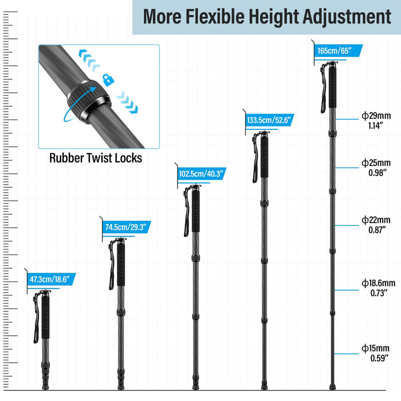 SIRUI Carbon Fiber Monopod for cameras, 65" Compact Lightweight Travel Monopod, 6 Sections, Load up 15kg, included Phone Holder (AM-MDP01) AM-MDP01