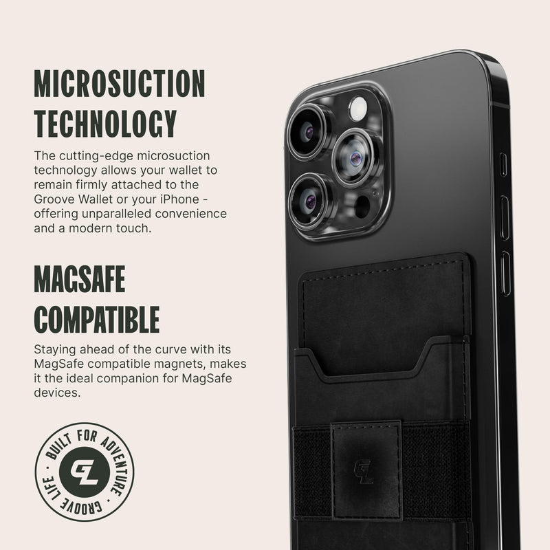  [AUSTRALIA] - Groove Life Black Leather Groove Wallet Go - Men's Minimalist Interchangeable microsuction technology Credit Card Holder with Magsafe, cash strap. Lifetime Coverage Black Leather Go
