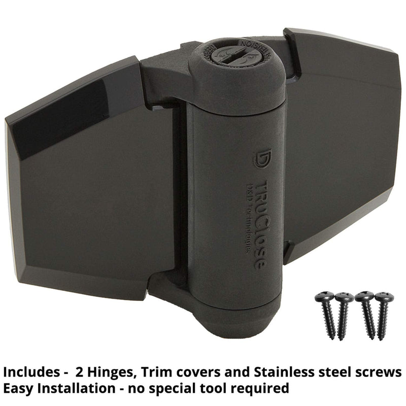 D&D Technologies TCA3S3BTS TruClose Regular Duty Self Closing Gate Hinge, for Wood and Vinyl Gates up to 66 Pounds, No Alignment Legs, for Square Gate Frame and Post, Black, 2 Count Adjustable gate gap: 3/8”–7/8” gate frame to post