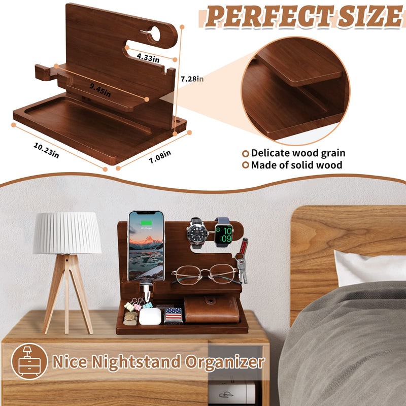 Wood Phone Docking Station - Nightstand Charging Organizer and Cell Phone Stand - Bedside Gift for Men Brown