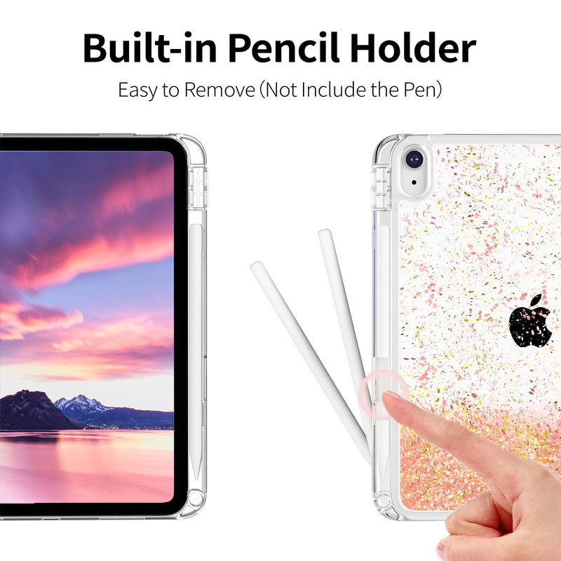 KenKe Case for iPad (A16) 11 Inch 2025/10th Gen 10.9 Inch 2022, Pink | with Pencil Holder, Hard PC Back Sand Cover, Flowing Glitter Cute Star on Transparent Back, Ultra-thin, Shockproof, Light