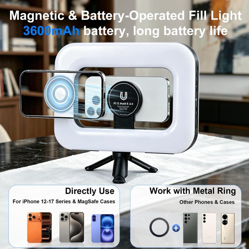 Rechargeable & Dimmable Selfie Light with Magnetic Stand, Mini Tripod | Built-in 3600mAh Battery, 3 Color Modes & 10 Dimming for Selfies, Live Streaming, Video Calls, and Vlogging