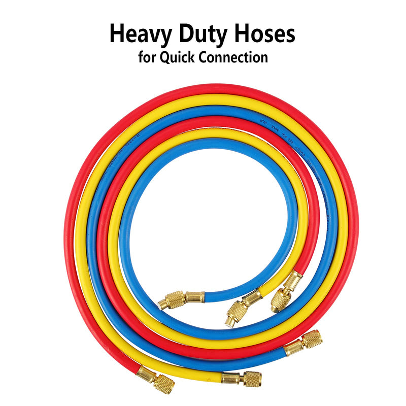 3 Pieces AC Manifold Gauge Hose Kit for R134A R404A R12 R502, 1/4" Thread Automotive Air Condition Refrigerant R134A A/C Charging Hose with 5ft Hoses
