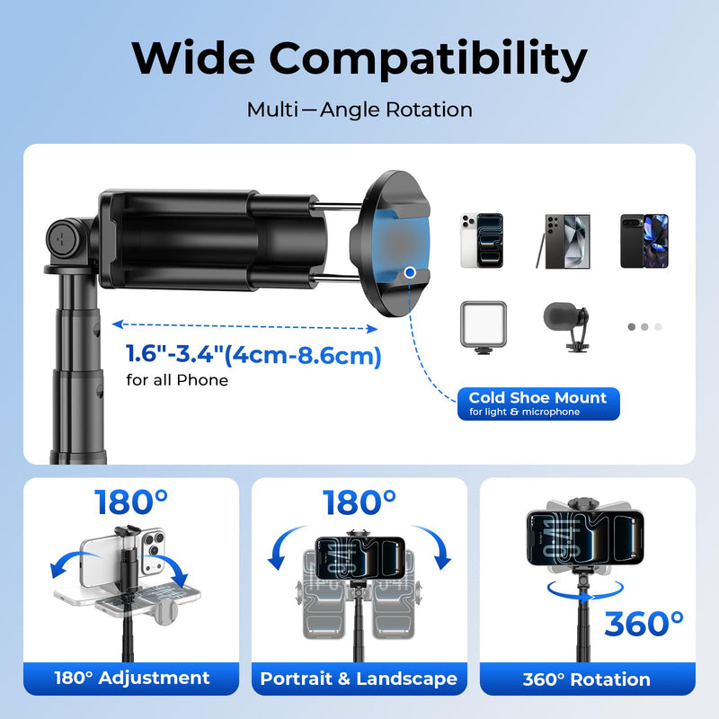 Kaitezenz 0.01s Auto Pop Open 63" Phone Tripod for iPhone with Remote, Selfie Stick Tripod Stand Extendable with Cell Phone Clip, Compatible with iPhone for Travel Video Recording Live Stream Vlog