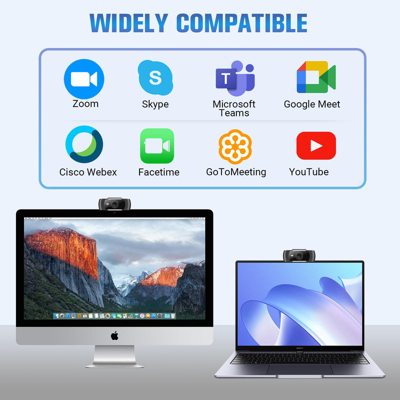 1080P Webcam with Microphone, Plug and Play USB Computer Camera for PC Laptop Desktop, Auto Light Correction, Wide Angle 90° for Zoom Teams YouTube Skype Live Streaming(Black)