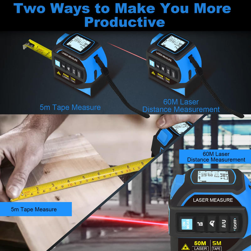 Menider 4-in-1 Laser Measure Tool - Digital LCD & Self-Locking, 196ft/60m Laser & 16ft/5m Tape, Cross Line & Dual-Axis Angle, Rechargeable for Pros