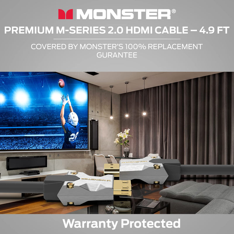 Monster M-Series Certified Premium HDMI Cable 2.0, High-Speed 22.5 Gbps, 4K UHD 60Hz, Triple-Layer Shielding, Duraflex Jacket, HDMI Cable for TV, Monitor, Gaming, PC, 4.9 ft