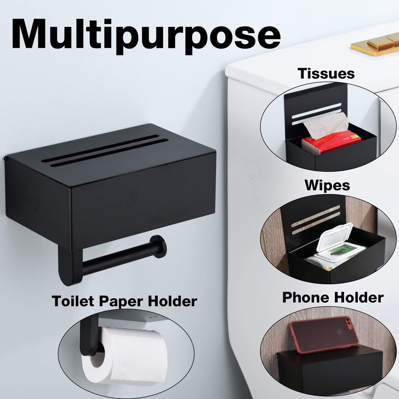 TRUSTMI Toilet Paper Holder with Storage Shelf Phone Standing Tisuse Box Cover Square Bathroom Wet Wipe Facial Organizer Wall Mounted, Matte Black