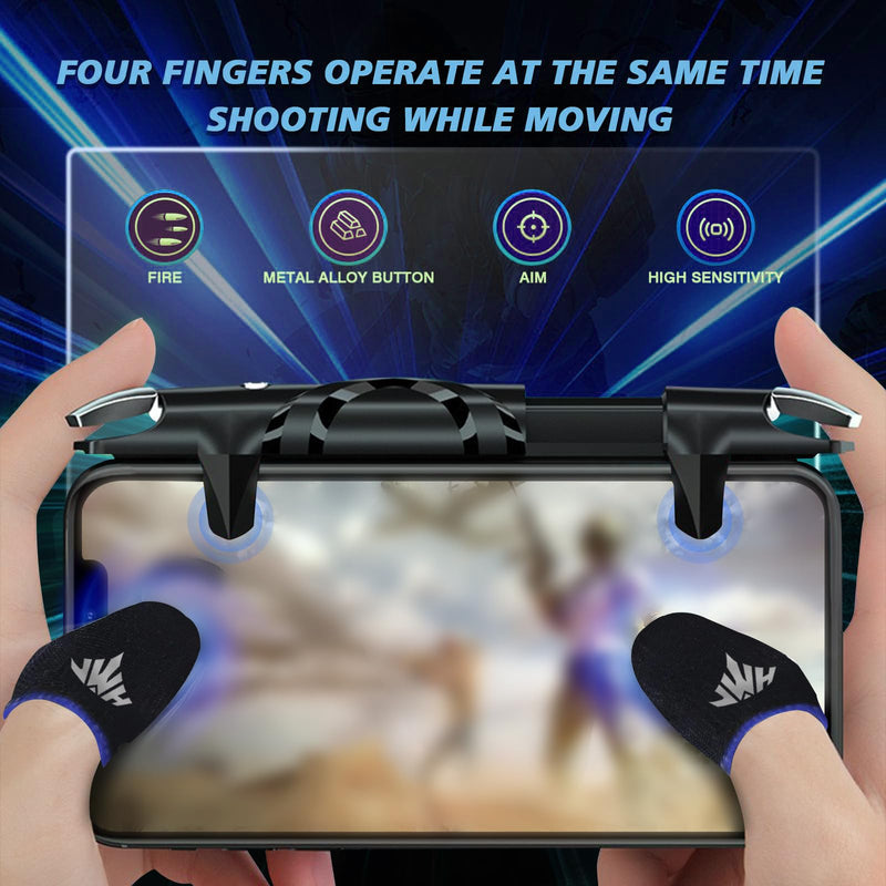PUBG Trigger 4 Finger Mobile Gaming Controller with 20 Finger Sleeves & Storage Case PUBG Mobile Controller Aim & Fire Shooter Buttons for iPhone & Android PUBG Accessories for COD Mobile (1 Pack G5+20Pcs Finger sleeve+Storage bag)