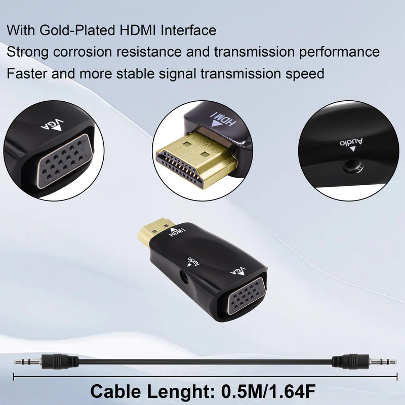 HDMI to VGA Adapter Converter with 3.5mm Audio Jack | HDMI Male to VGA Female,1080P,0.5M 3.5mm Audio Cable, for PC HDTV Monitor Projector