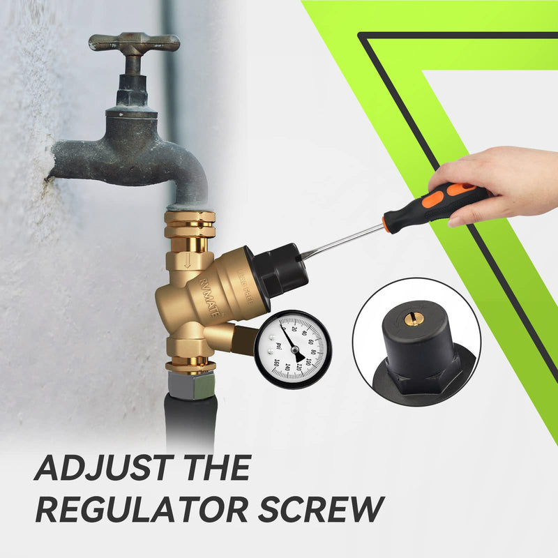 RVMATE RV Water Pressure Regulator, Brass Lead-Free Water Pressure Reducer Kit, Adjustable Valve with Inlet Screen Filter, for Camper Travel Trailer Adjustable 1.0