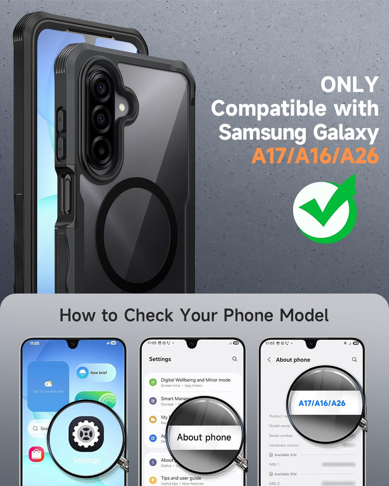 seacosmo for Samsung Galaxy A16 A17 A26 5G Case with Glass Protector Black | Full Body Bumper, Built-in Tempered Glass, Camera Lens Protection, Compatible with MagSafe, Shockproof a17 a16 a26 5g Case Black Clear