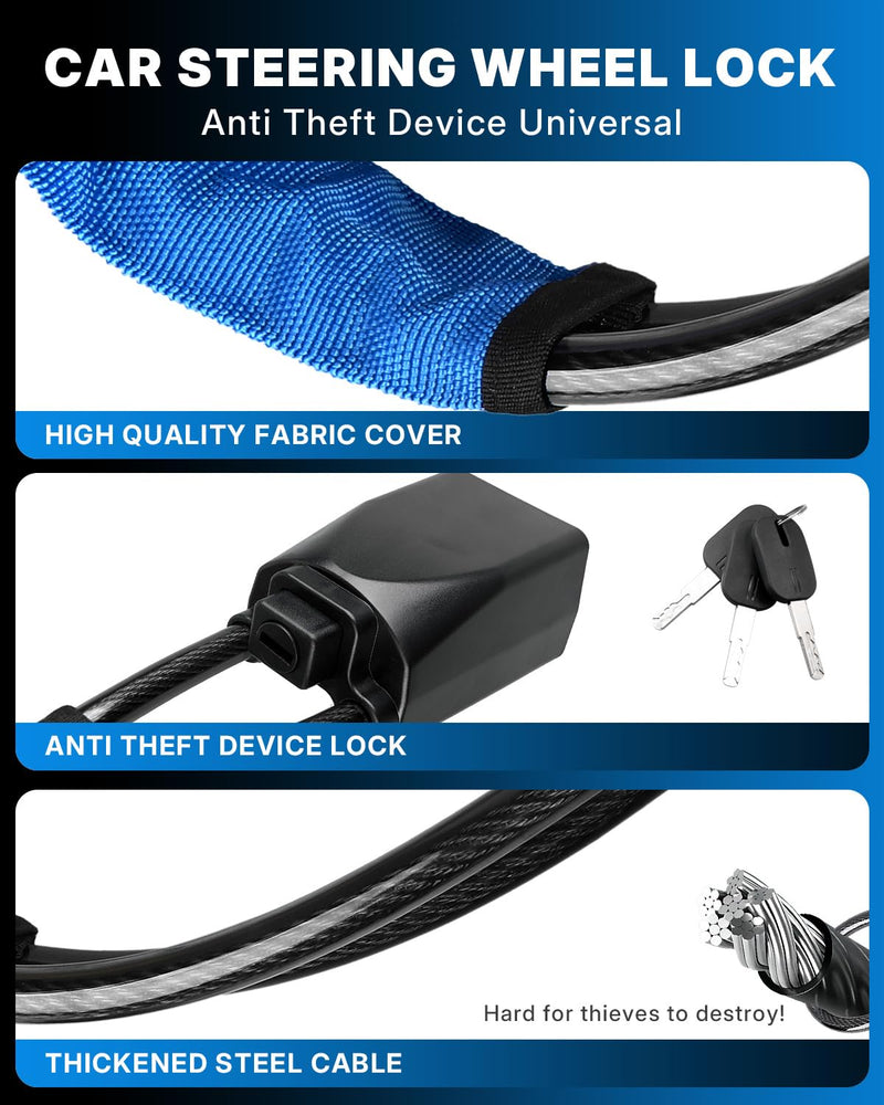 Car Steering Wheel & Seat Belt Lock Anti Theft Device Universal | 17" with 3 Keys for Auto Security Suitable for Most Vehicle,SUV,Golf Cart,Van,Truck Blue