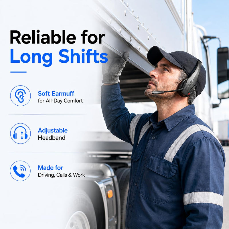 Bytewaveshop Trucker Bluetooth Headset with Mic, 55H Talk Time Wireless Headset, 99% Noise Cancelling Headphones with 270° Adjustable Mic, Bluetooth 6.0, Dual Device for Truck Drivers, Calls, Driving