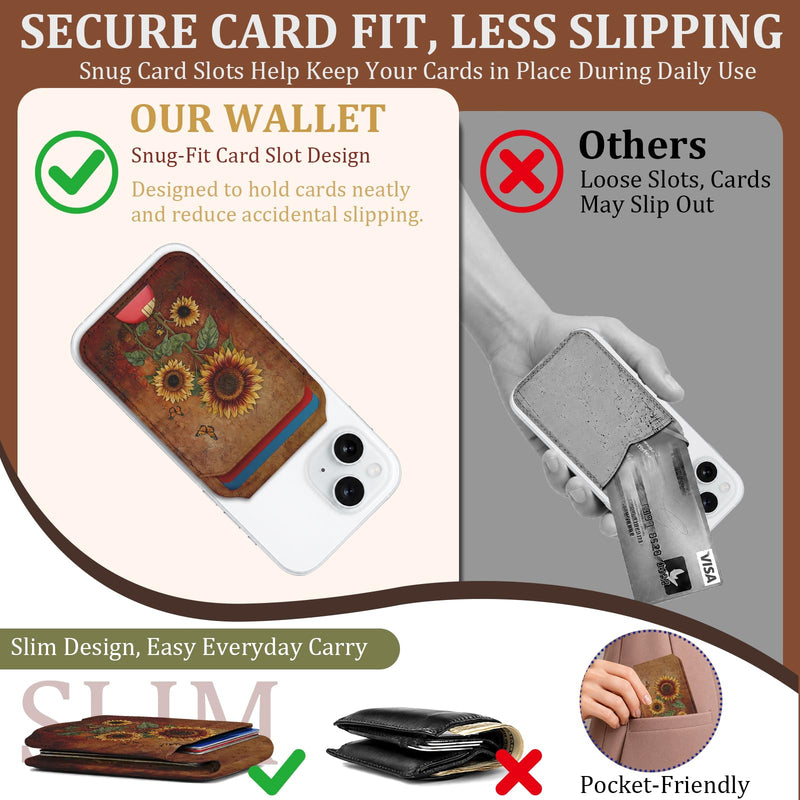 bolimoss Sunflowers Magnetic Wallet Stand,Leather Card Holder with 3 Card Slots & 2 Rings, Phone Wallet with Adjustable Stand for Phone Case,Magnetic Wallet for iPhone 17/16/15/14/13/12 Series(Brown) Fall Sunflowers