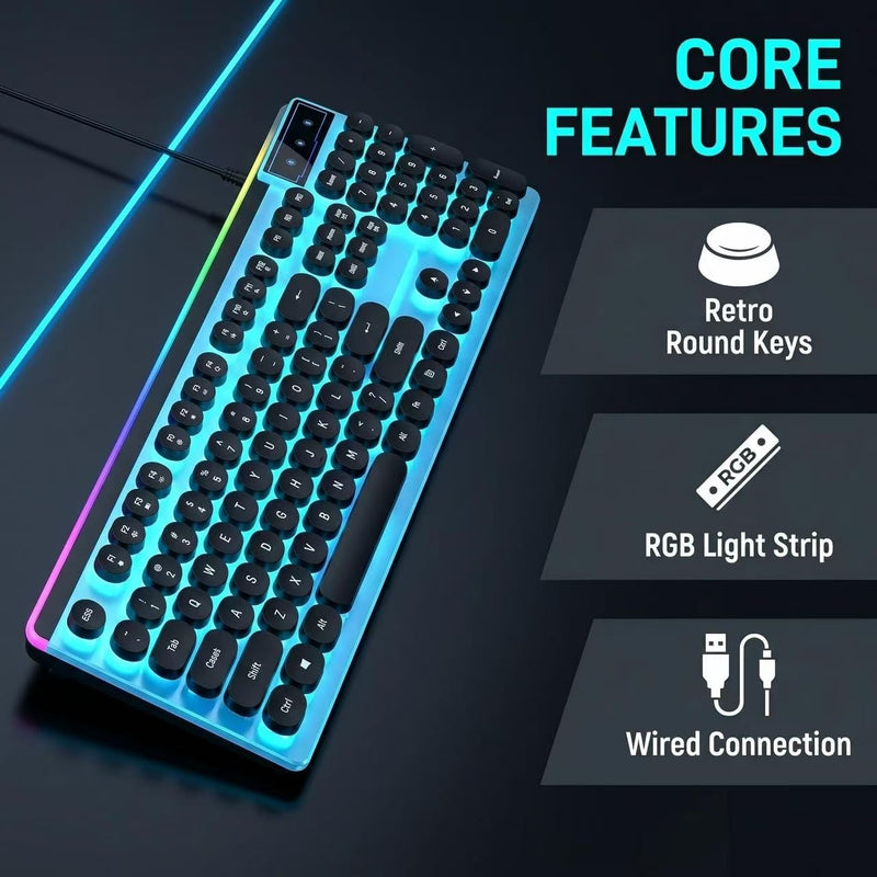Vintage Round Keycaps Wired Keyboard with RGB LED Backlight, Quiet Gaming Keyboard for PC, Laptop, Desktop, Office & Home(Black) Black2