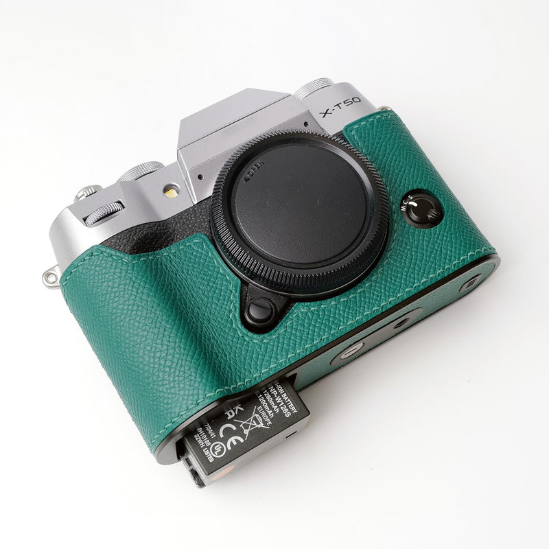 Iborrys Camera Genuine Leather Half Case ，Compatible with FUJIFILM FUJI X-T50 XT50 ， Made by hand - Top layer cowhide Body + Metal Base Plate 2-in-1 Design (Green) Green