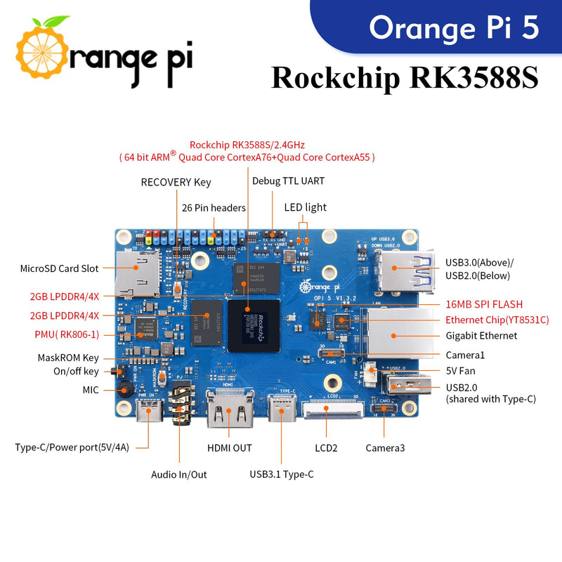 Orange Pi 5 4GB Rockchip RK3588S 8-Core 64 Bit Single Board Computer, Up to 2.4GHz and 8K Video Codec Support Development Board Run Orange Pi/Ubuntu/Debian/Android 12 OS (4GB+ Power Supply) 4GB+Power Supply