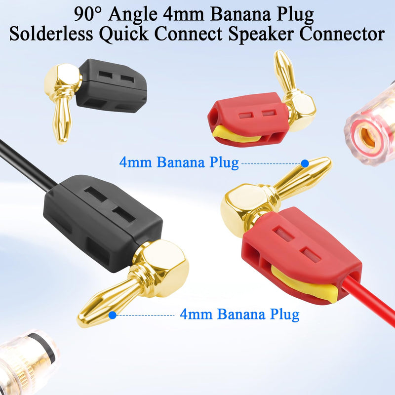 QIANRENON 90° 4mm Banana Plug Quick Connect Connector Gold Plated 6 Leaf Banana Plug solderless Right Angle Audio Adapter High Current 32A, for DIY Hi-Fi Speaker Amplifier, Red + Black