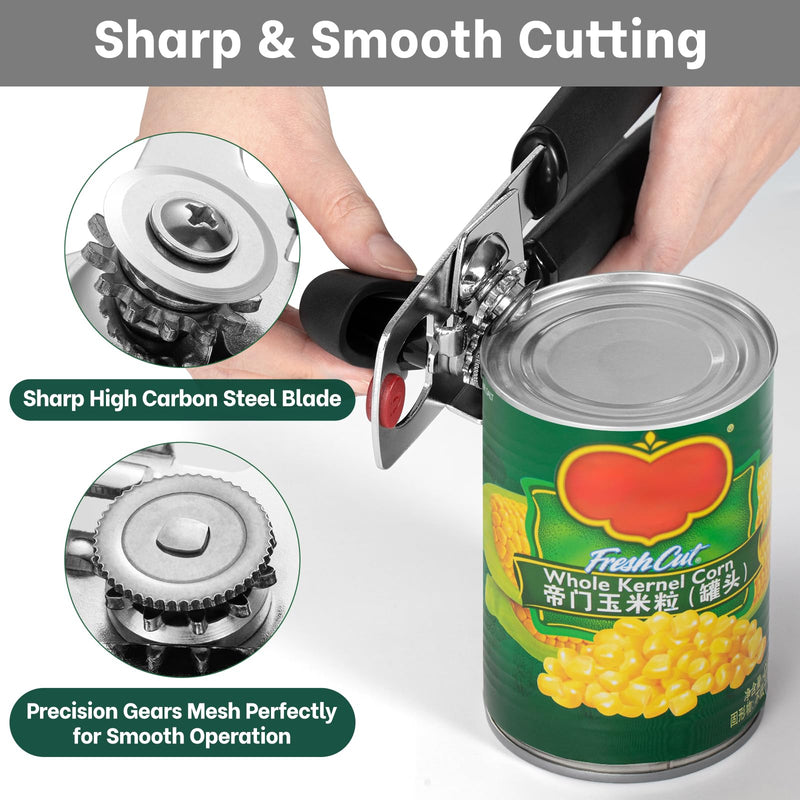 Beneno Heavy Duty Can Opener Manual with Magnet, Smooth Cutting Blade, Durable High Carbon Steel Hand Can Opener Manual with Easy to Turn Knob & Soft Grip Handles, Multifunctional Bottle Opener, Black
