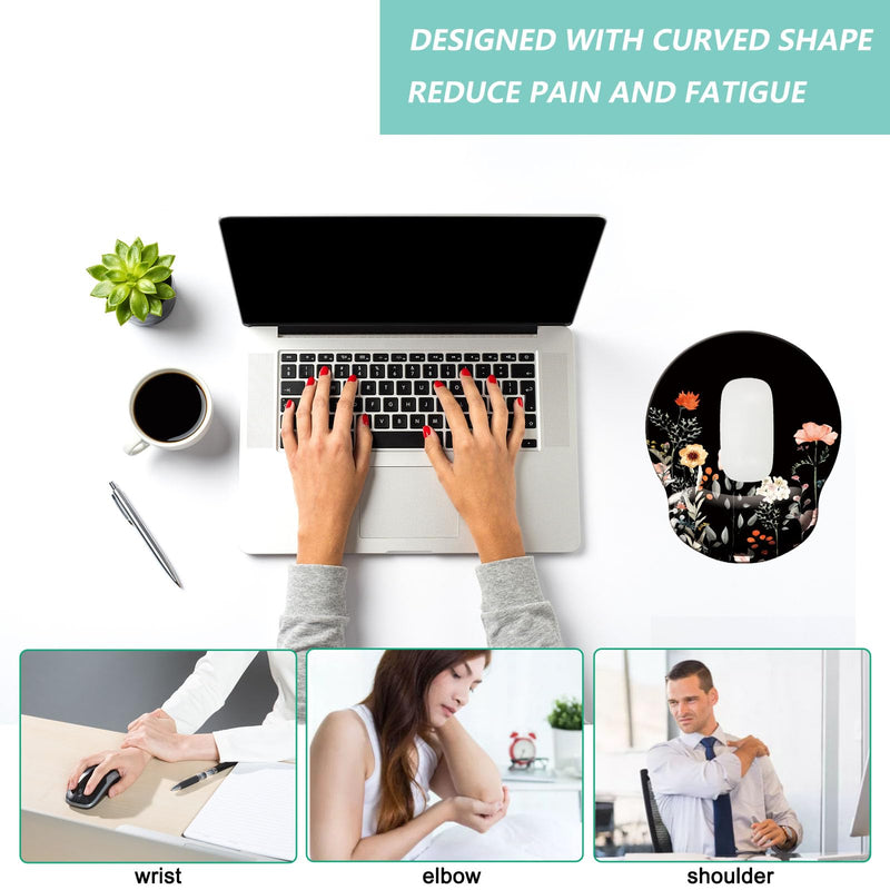 Mouse Pad with Wrist Support, Ergonomic Mouse Pad with Memory Foam Wrist Rest Cushion, Non-slip Rubber Base Gaming Mice Pad for Home Office Computer Laptop, Flower Black U-flower black