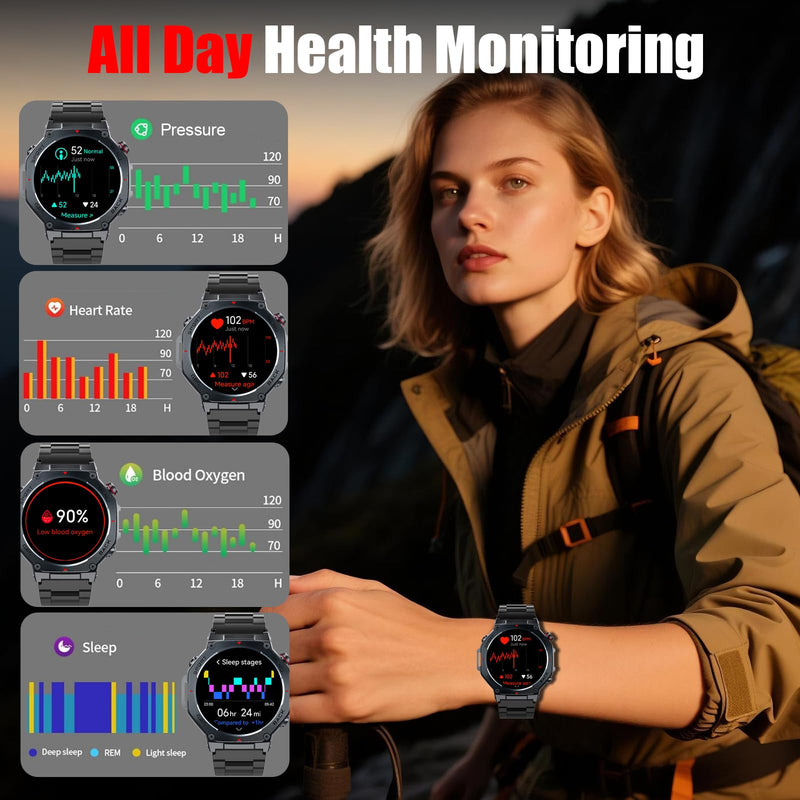 Jugeman Military Smart Watch for Men GPS with LED Flashlight-Dark Black | 1.43" AMOLED Display, 5ATM Waterproof, Compass, Fitness Tracker, Heart Rate/Sleep/Blood Oxygen, Watches for Android/iPhone