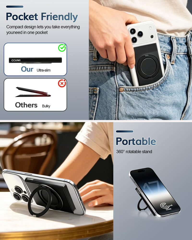 for MagSafe Wallet 360°Spin Magnetic Stand RFID Blocking, MagSafe Ring Included,Credit Card Holder Pop Up Cards RFID Slim Metal Magnetic Wallet for iPhone 17e/17/16/15/14/13/12 Selected Samsung