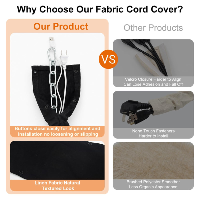 Black Farmhouse Cord Hider, TV Cord Cover and Cable Sleeve, 2 Pack 70.8 in with Button Snap Closure for Lamp Cord Black
