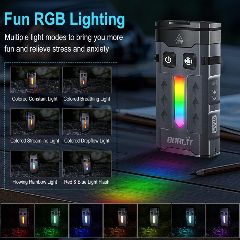 BORUIT EV20 LED Small EDC Flashlight with 365nm UV Light,1100 Lumen USB-C Rechargeable Pocket Keychain Flashlights with RGB Side Light,IP66 Waterproof,Clip & Tail Magnet for Camping,Aluminum Black