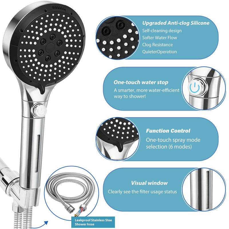 Filtered Shower Head with Handheld, High Pressure 6-Mode Water Softener for Hard Water, 12 Replacement Filters, 75" Anti-Burst Extra Long Hose & Adjustable Bracket for Healthier Skin and Hair L