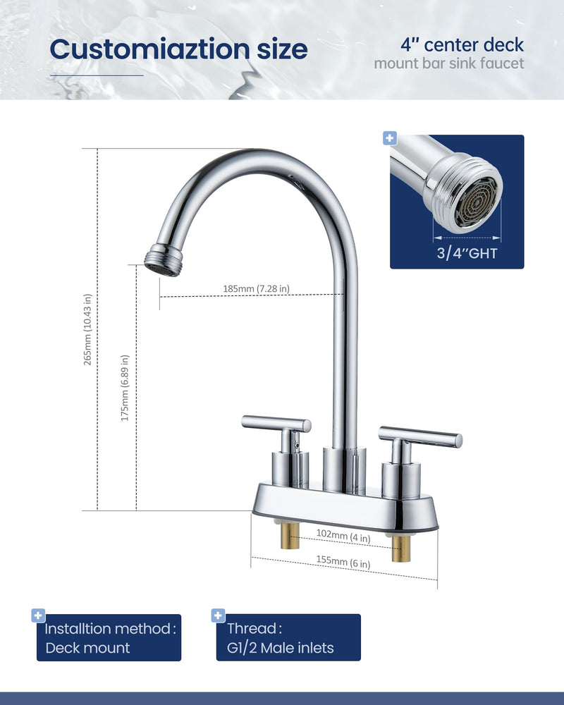 4 Inch Centerset Laundry Faucet, 2 or 3 Hole Deck Mount, Chrome Utility Sink Faucet with 360° Swivel Spout and 3/4'' Thread End Garden Hose Adapter